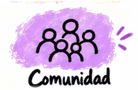 Comunidad, personas ilustradas sobre pincelada violeta