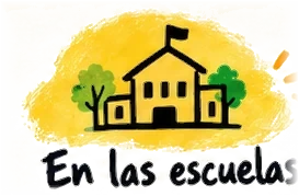 En las escuelas, ilustración de escuela sobre pincelada amarilla