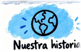 Nuestra historia, globo ilustrado sobre pincelada azul